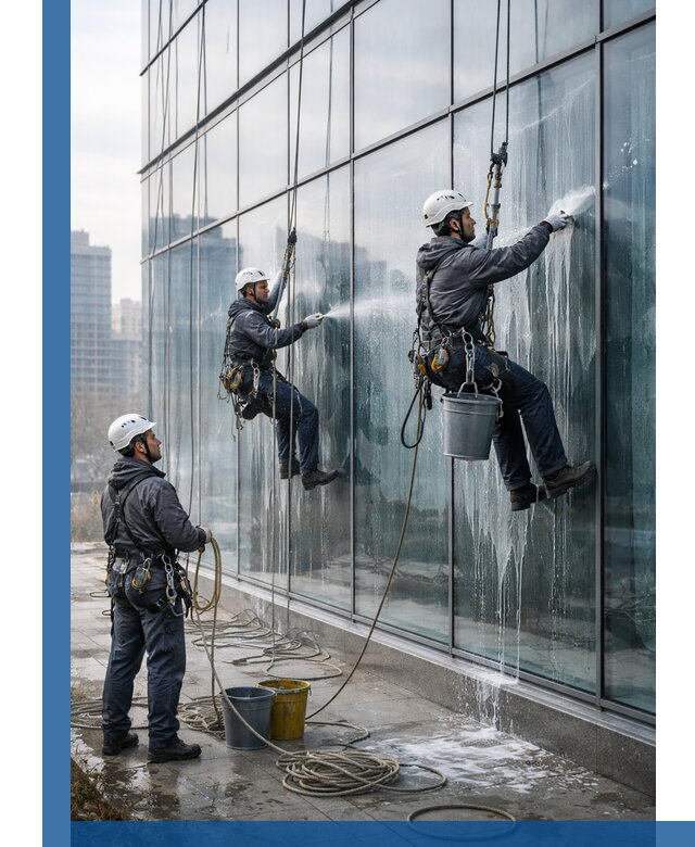 Промышленная мойка панорамных окон на высоте в Арсеньеве