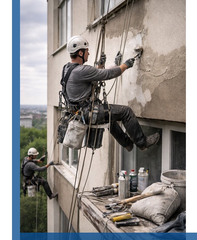 Косметический ремонт фасада зданий в Арсеньеве промышленными альпинистами