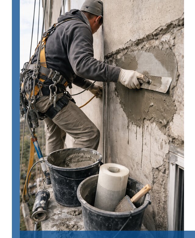 Ремонт бетонных элементов фасада промышленными альпинистами в Арсеньеве