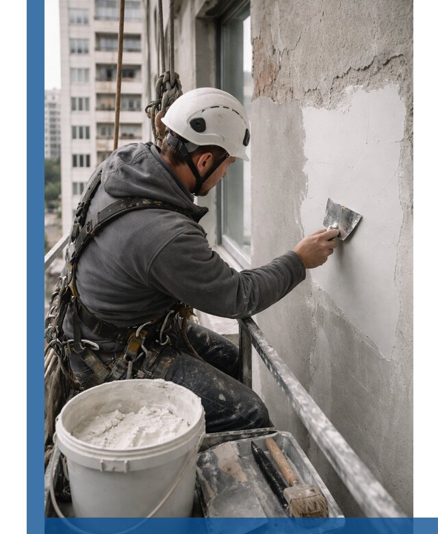 Шпаклевка фасадов на высоте с промальпинистами в Арсеньеве