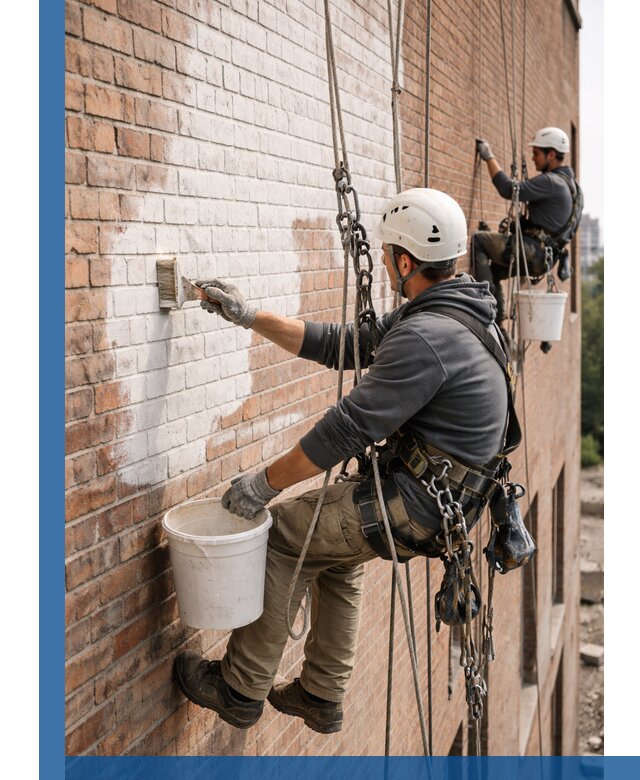 Покраска кирпичного фасада с доступным альпинистским сервисом в Арсеньеве
