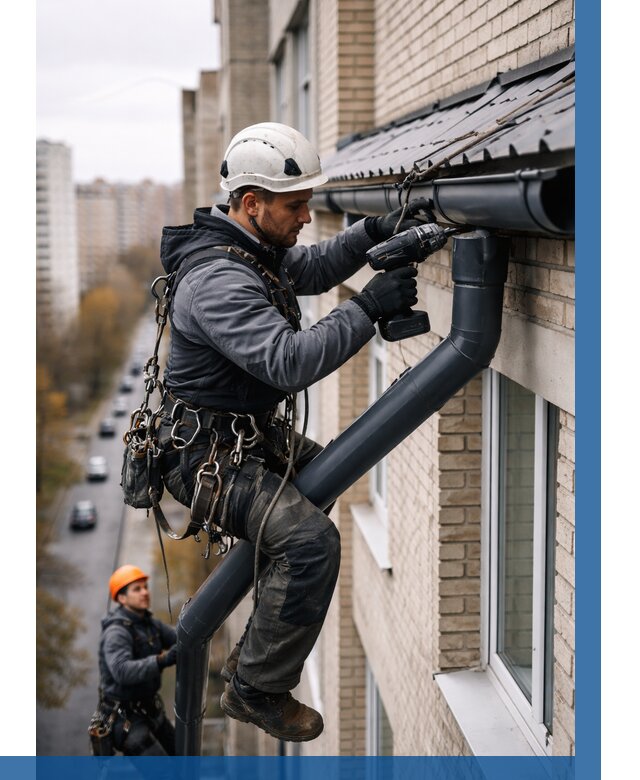 Монтаж водосточной системы на здании в Арсеньеве от 5140 р. | ВЫСОТНИК-Рсн