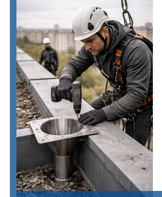 Монтаж водосточных воронок в Арсеньеве для промышленных зданий