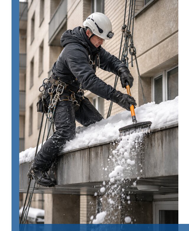 Очистка козырьков от снега в Арсеньеве круглогодично безопасно