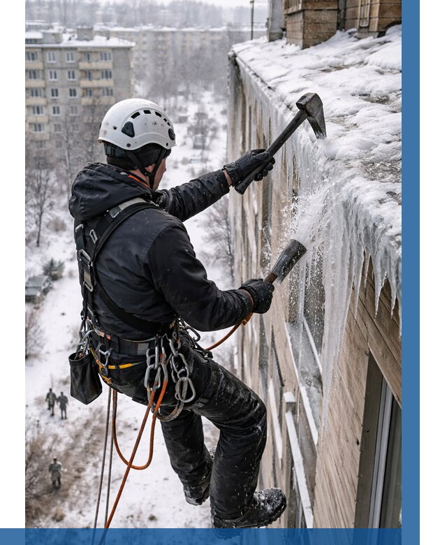 Сбивание сосулек с крыши в Арсеньеве по цене от 4626 р. | ВЫСОТНИК-Рсн