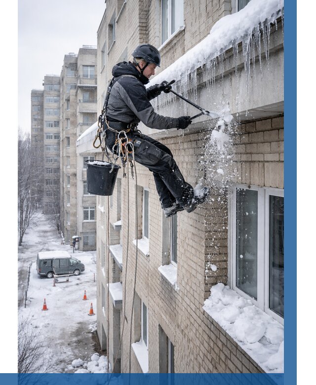 Удаление наледи с карнизов в Арсеньеве от 360 р. | ВЫСОТНИК-Рсн