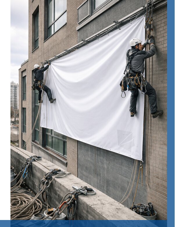 Монтаж баннеров на фасаде в Арсеньеве от 668 р. заказать ВЫСОТНИК-Рсн