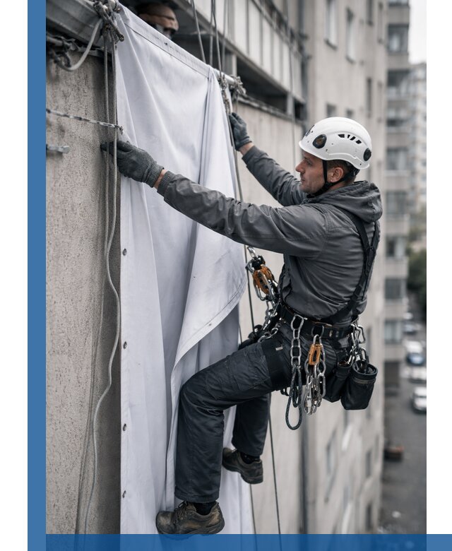 Замена баннерного полотна промышленными альпинистами в Арсеньеве