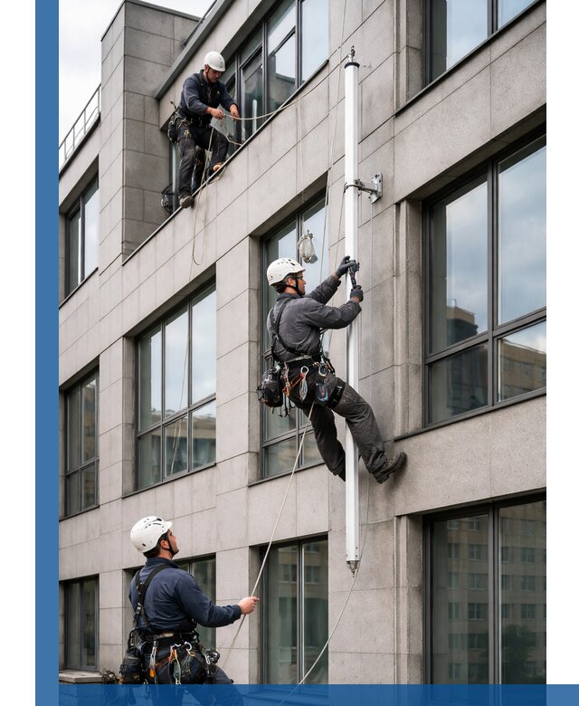 Монтаж флагштока на фасаде здания с креплением и герметикой в Арсеньеве