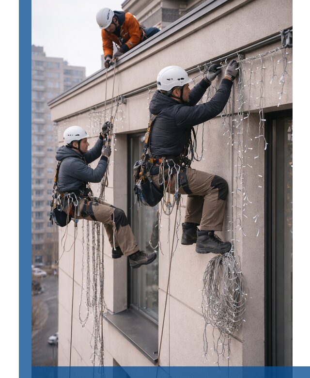 Монтаж праздничных гирлянд на фасаде в Арсеньеве для зданий