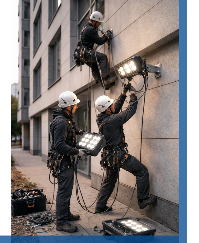 Монтаж прожекторов на фасаде в Арсеньеве от 7710 р. | ВЫСОТНИК-Рсн