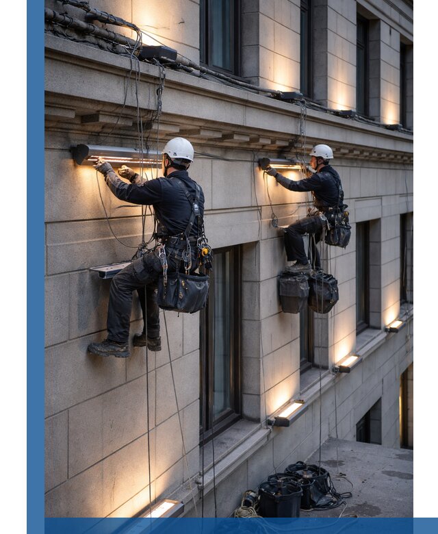 Монтаж архитектурной подсветки фасадов зданий в Арсеньеве