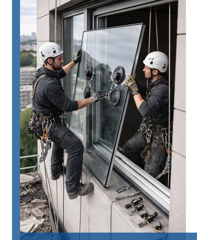 Замена стеклопакетов на высоте с промышленными альпинистами в Арсеньеве