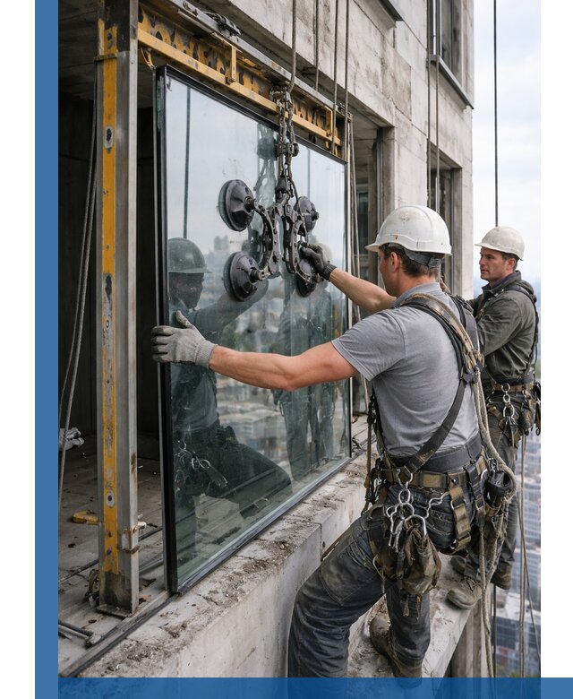 Монтаж стеклопакетов на высоте в Арсеньеве с промышленным альпинизмом