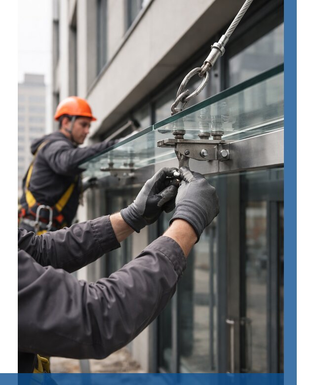 Монтаж стеклянных козырьков в Арсеньеве от 8738 р. | ВЫСОТНИК-Рсн