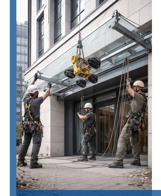 Монтаж стеклянных козырьков под ключ в Арсеньеве для зданий