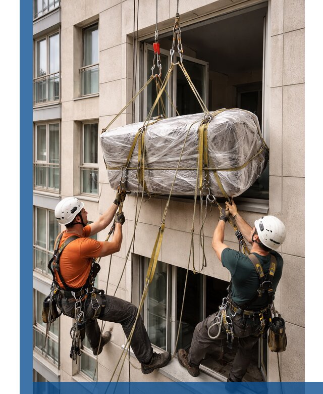 Подъем грузов через окно в Арсеньеве промышленными альпинистами