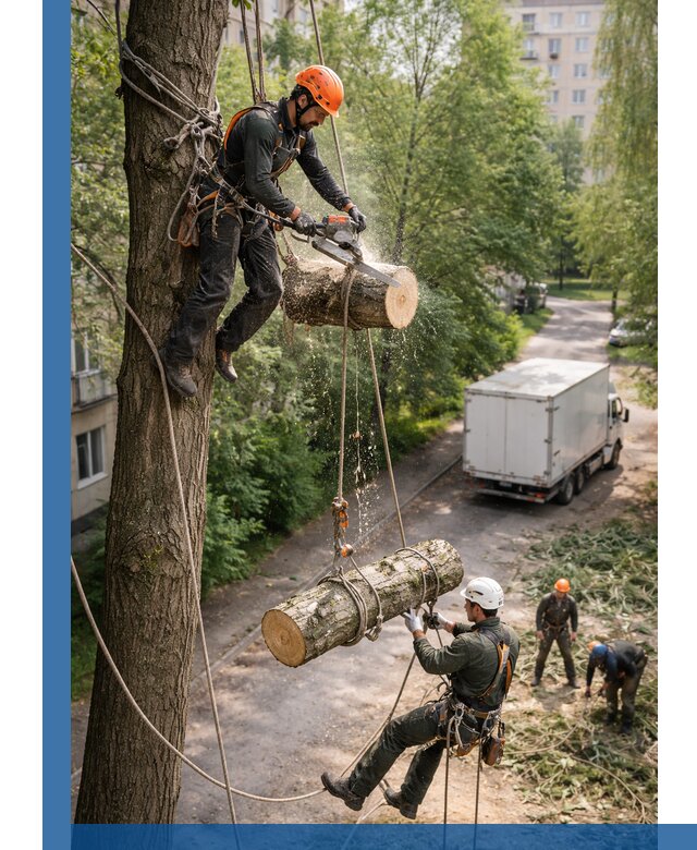 Спил деревьев альпинистами в Арсеньеве, безопасно и без повреждений