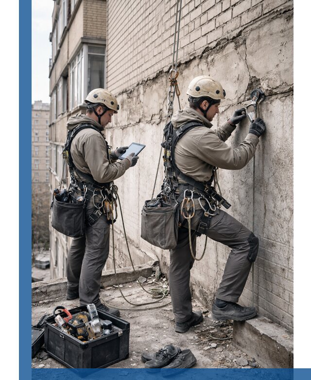 Обследование фасада промышленными альпинистами в Арсеньеве